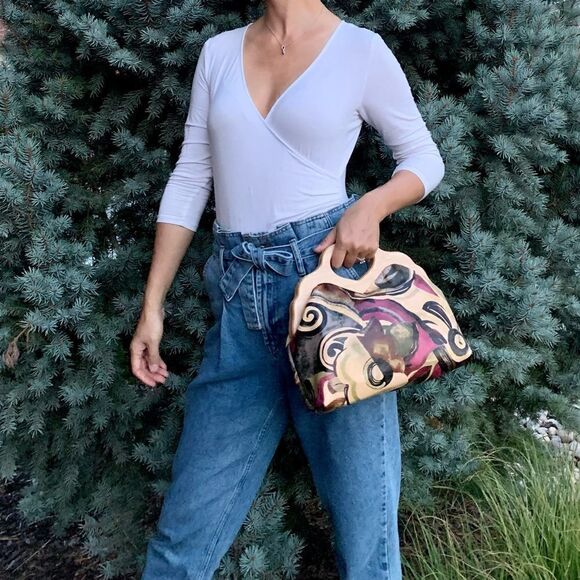 Abstract Print Cowhide Leather Handmade Wooden Frame Bag Includes 2 Strap Styles - Picture 5 of 16